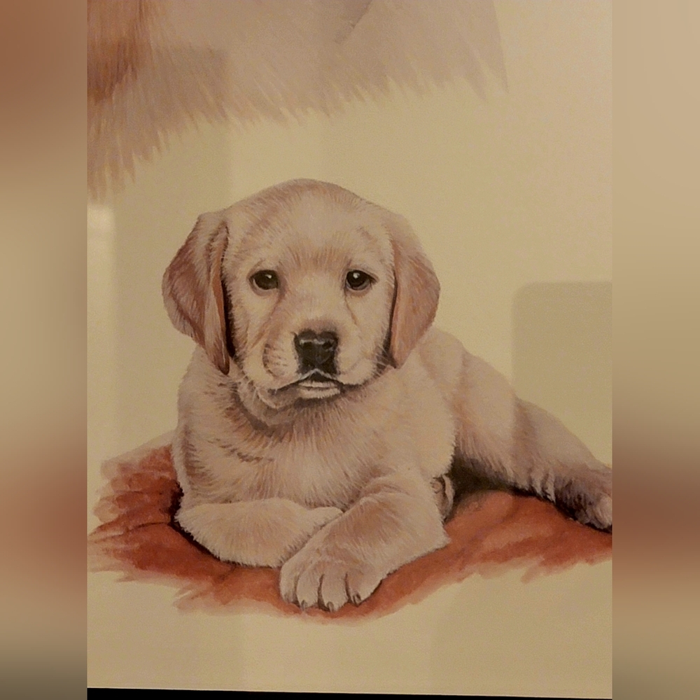 Vintage Yellow Labrador Dog and Puppy Portrait by Louis Frisino Framed & signed